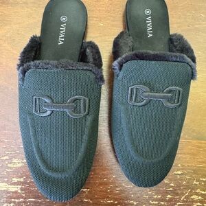 VIVAIA Black Mules with Faux Fur Trim